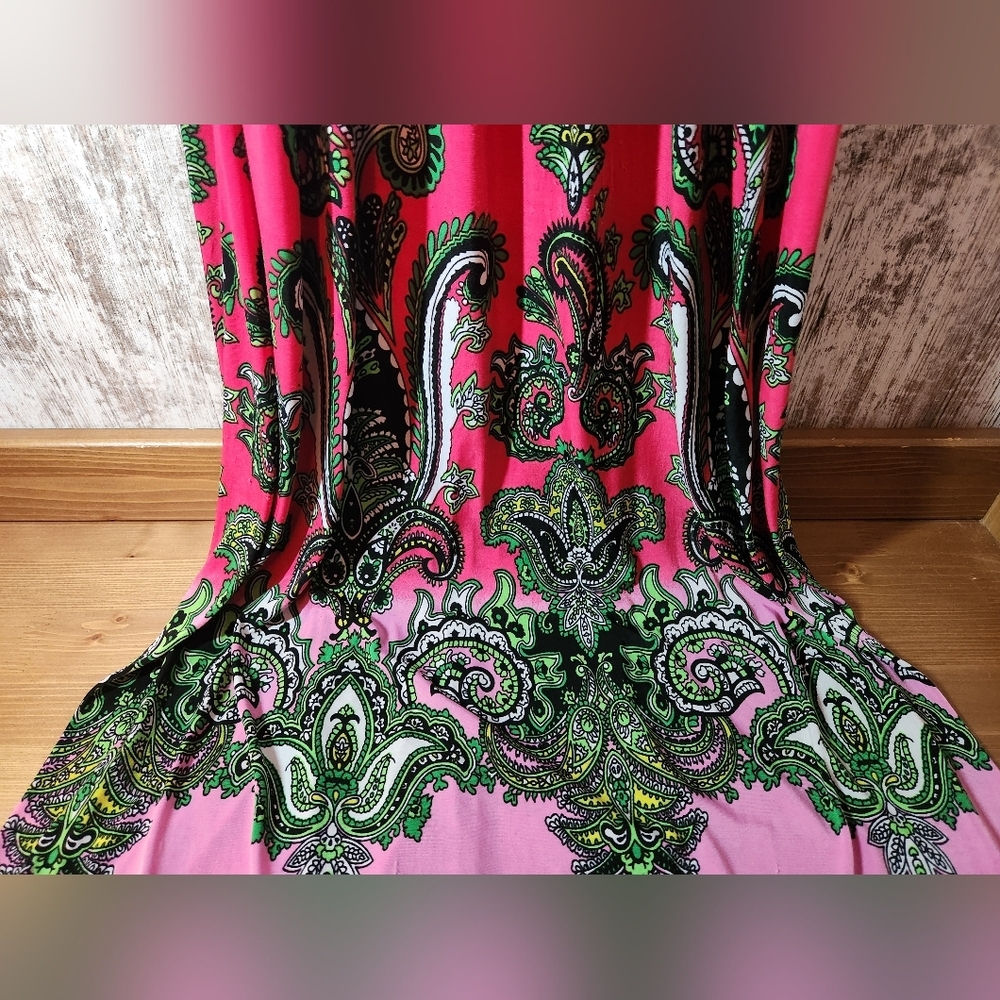 Vibrant Pink and Green Maxi Dress Tank Style Paisley Design - Picture 2 of 6